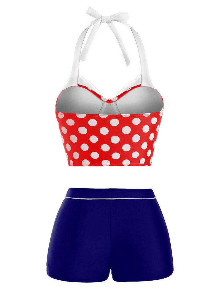 Red 1950s Blue Polka Dot Halter Bikini Set