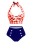 Red Blue Checked Halter Bikini Set