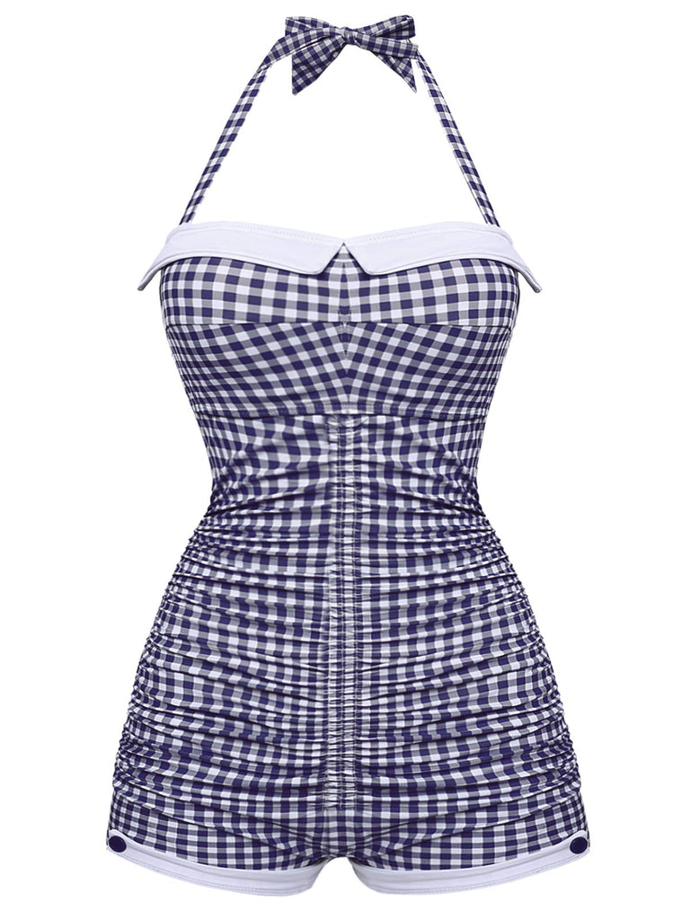 Checked 1950s Halter Bowknot One-piece Swimsuit