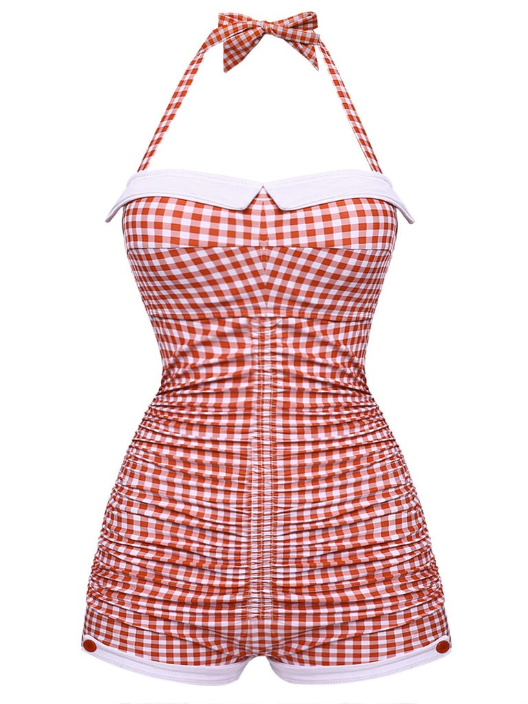 Checked 1950s Halter Bowknot One-piece Swimsuit