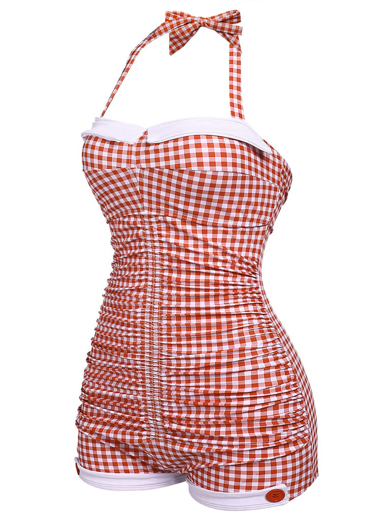 Checked 1950s Halter Bowknot One-piece Swimsuit