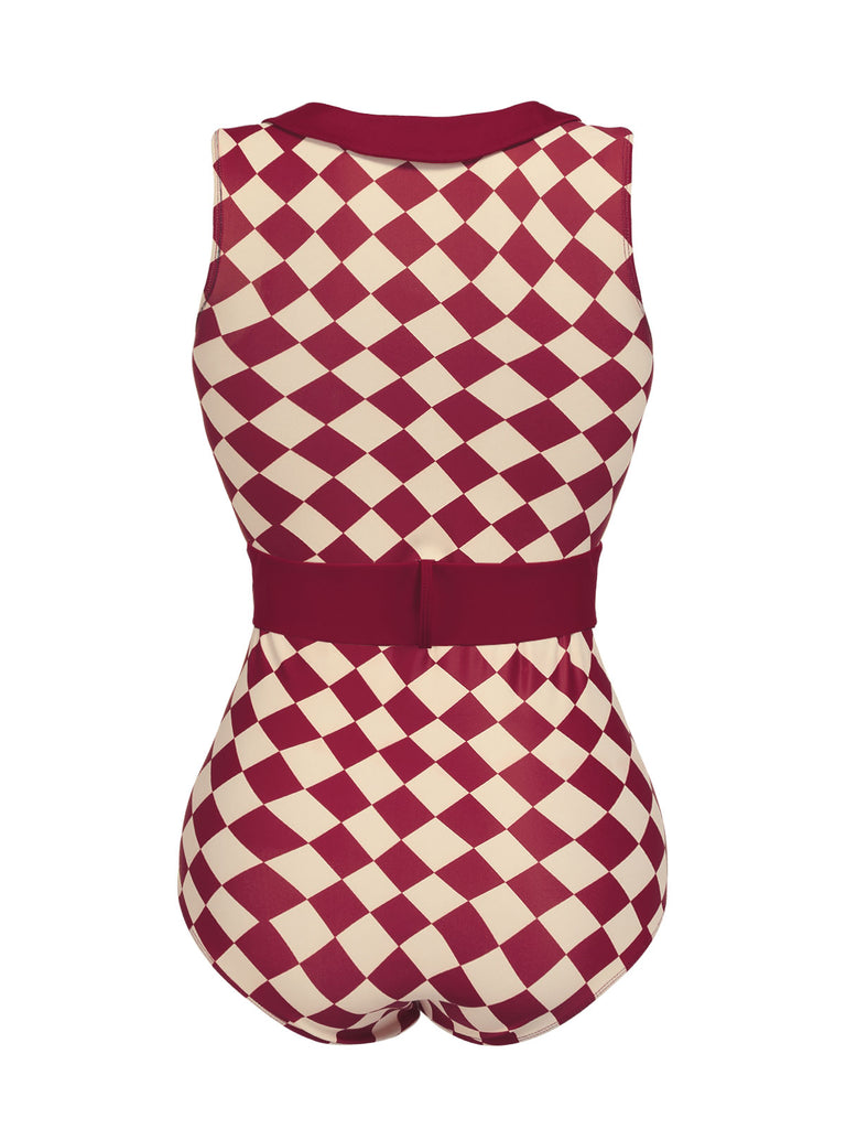 1930s Burgundy Diamond Lapel One-Piece Swimsuit