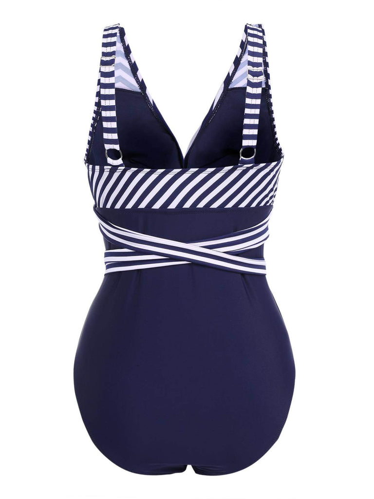 1950s Stripe Lace Up Patchwork One-Piece Swimsuit