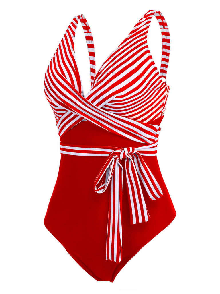 1950s Stripe Lace Up Patchwork One-Piece Swimsuit