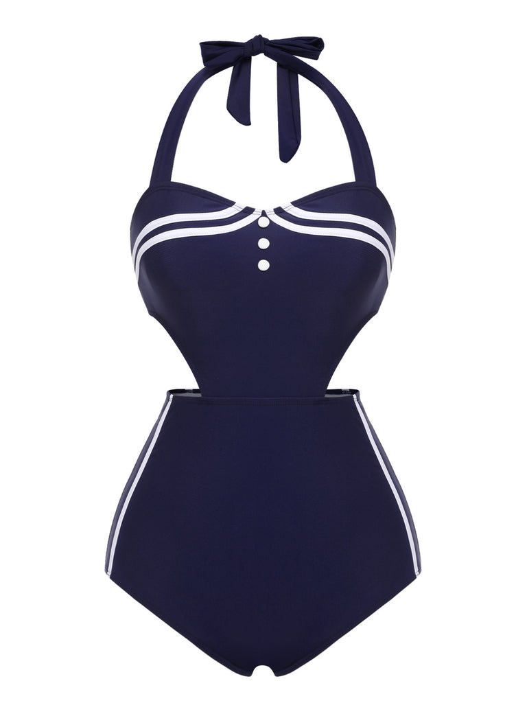 Navy Blue 1930s Halter One-piece Swimsuit