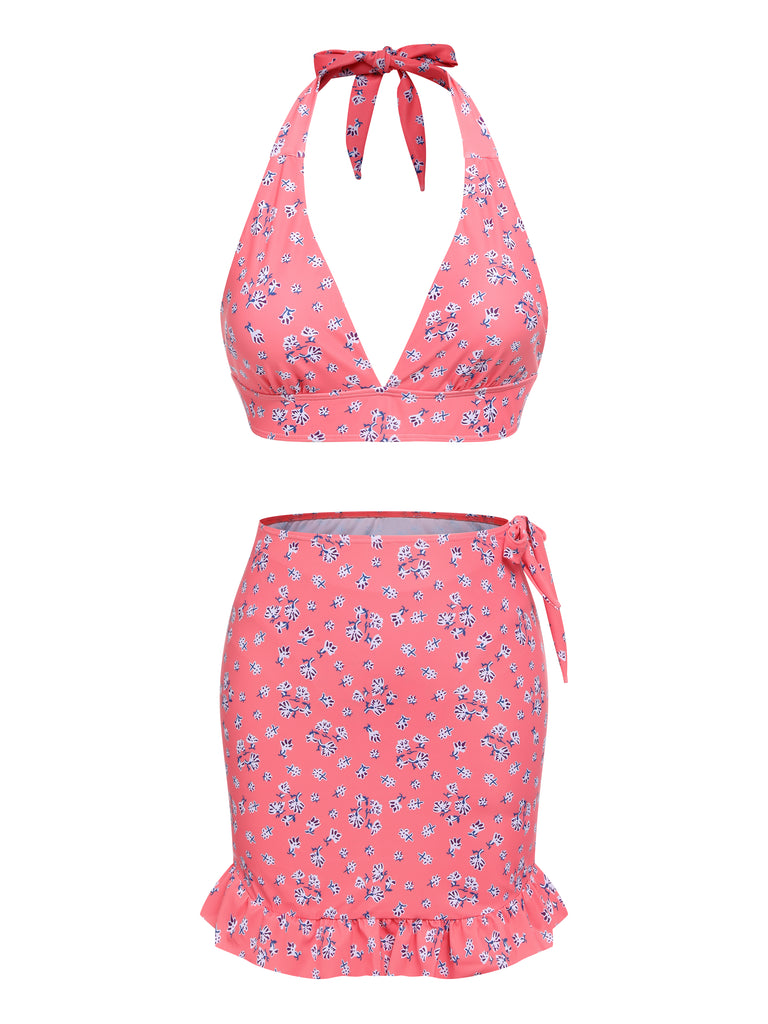 2PCS Peach 1940s Floral Halter Swimsuit