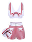 White 1950s Stripes Pockets Belted Swimsuit