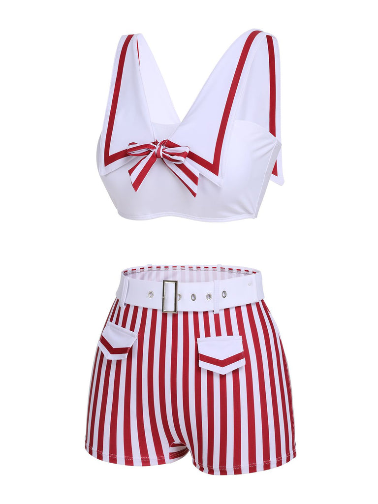 White 1950s Stripes Pockets Belted Swimsuit