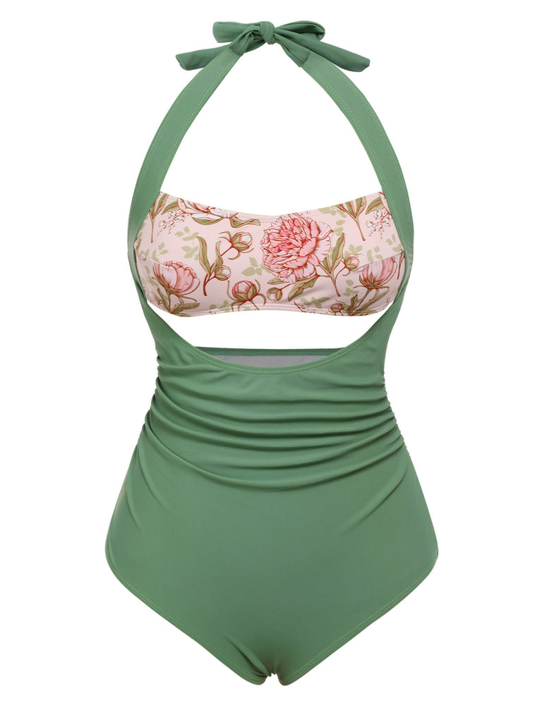 Green 1930s Peony Halter One-Piece Swimsuit