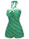 Green 1930s Stripe Off-Shoulder Halter Swimsuit