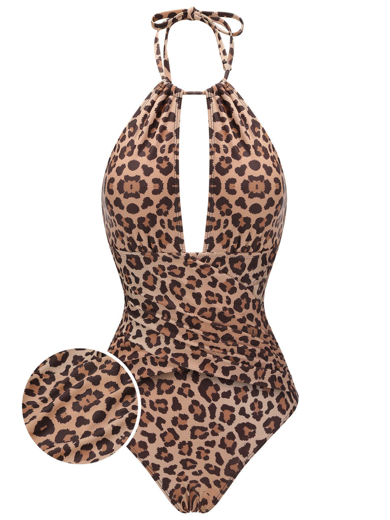 Brown 1930s Leopard V-Neck Halter Swimsuit