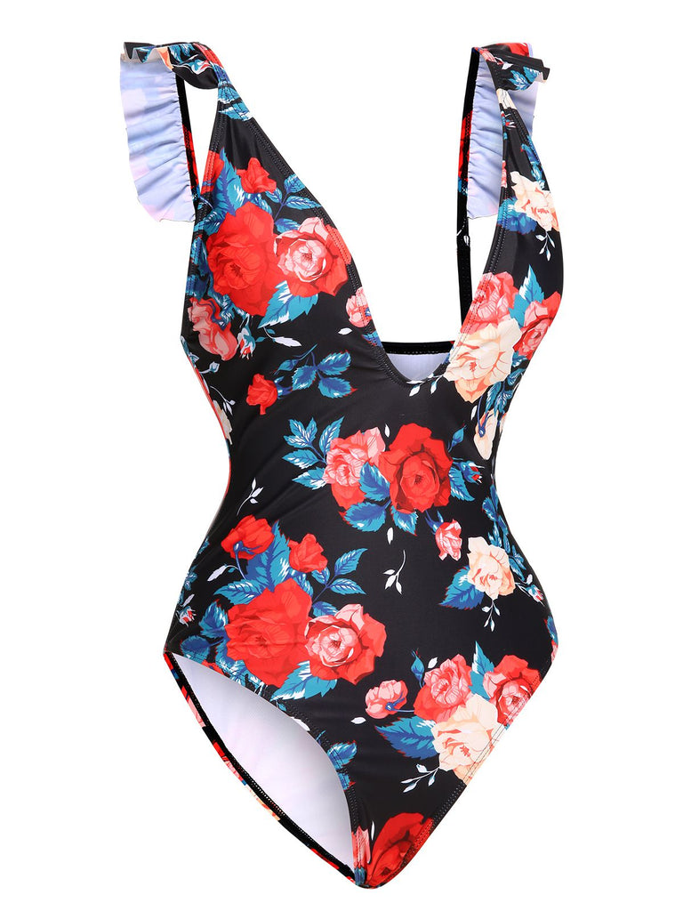 1940s Strap Flowers Deep V-Neck One-Piece Swimsuit