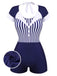 Navy Blue 1930s Stripe Patchwork Swimsuit