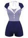 Navy Blue 1930s Stripe Patchwork Swimsuit