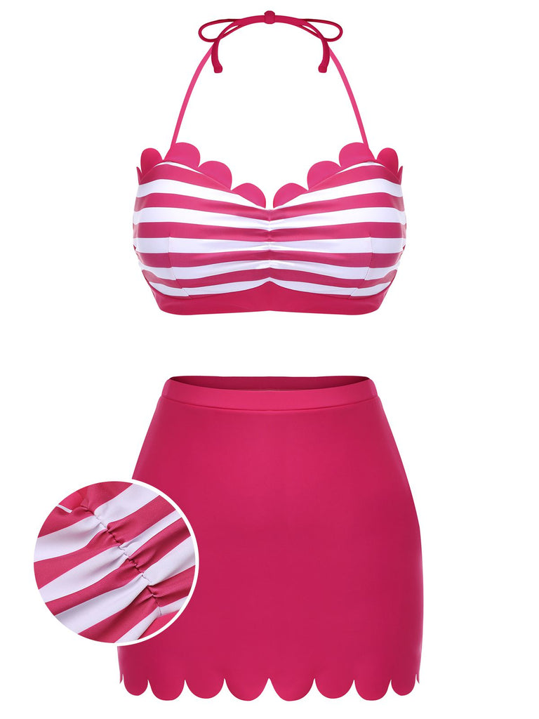 Rose Pink 1940s Stripes Halter Bikini Set