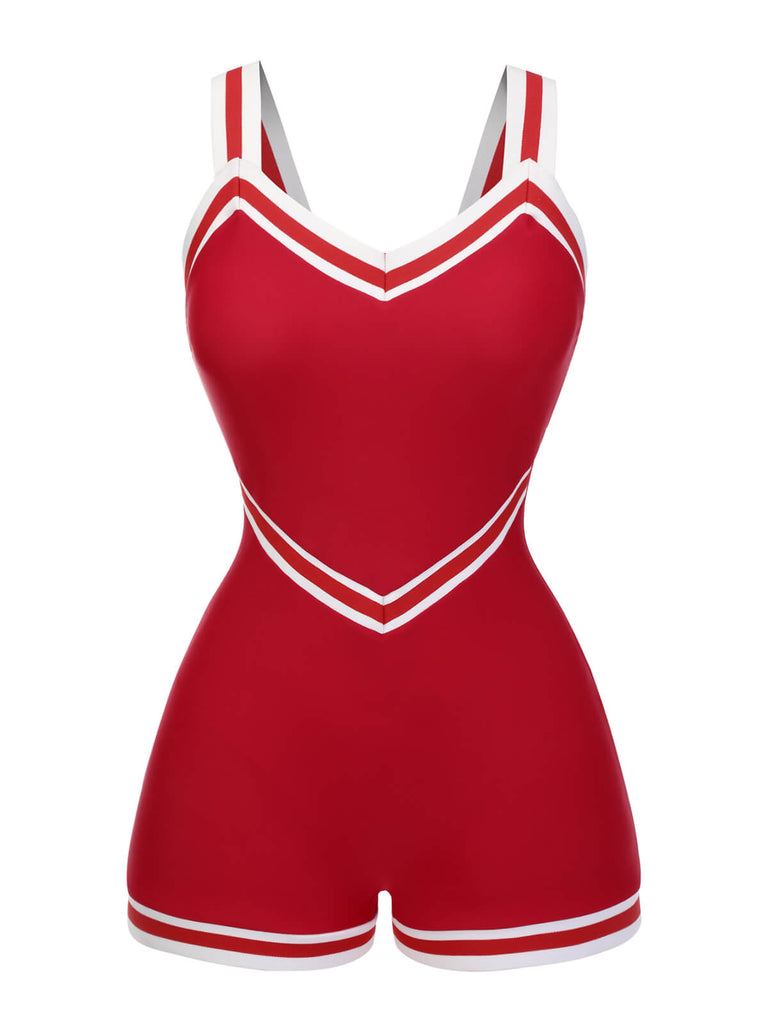 Red 1940s Solid Patchwork V-Neck Swimsuit