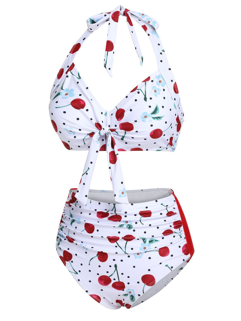 White 1950s Cherry Lace-Up Halter Swimsuit