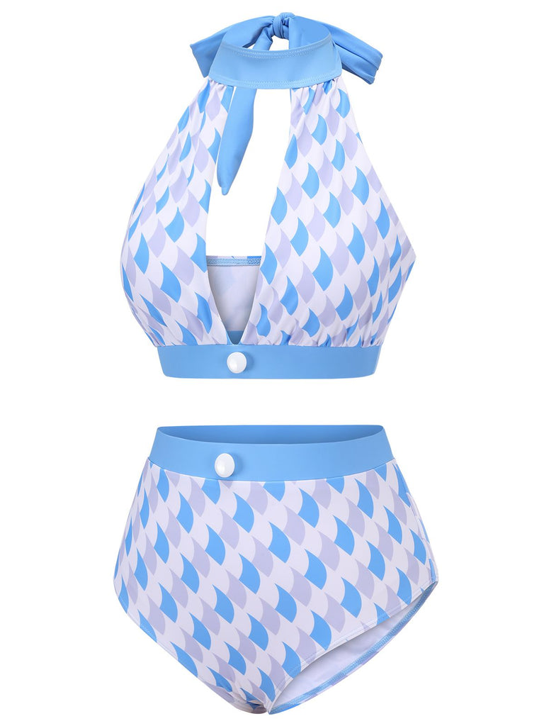 Blue 1940s Hole Collar Halter Swimsuit