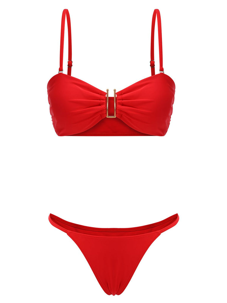 3PCS Red 1960s Strap Chiffon Bikini Set