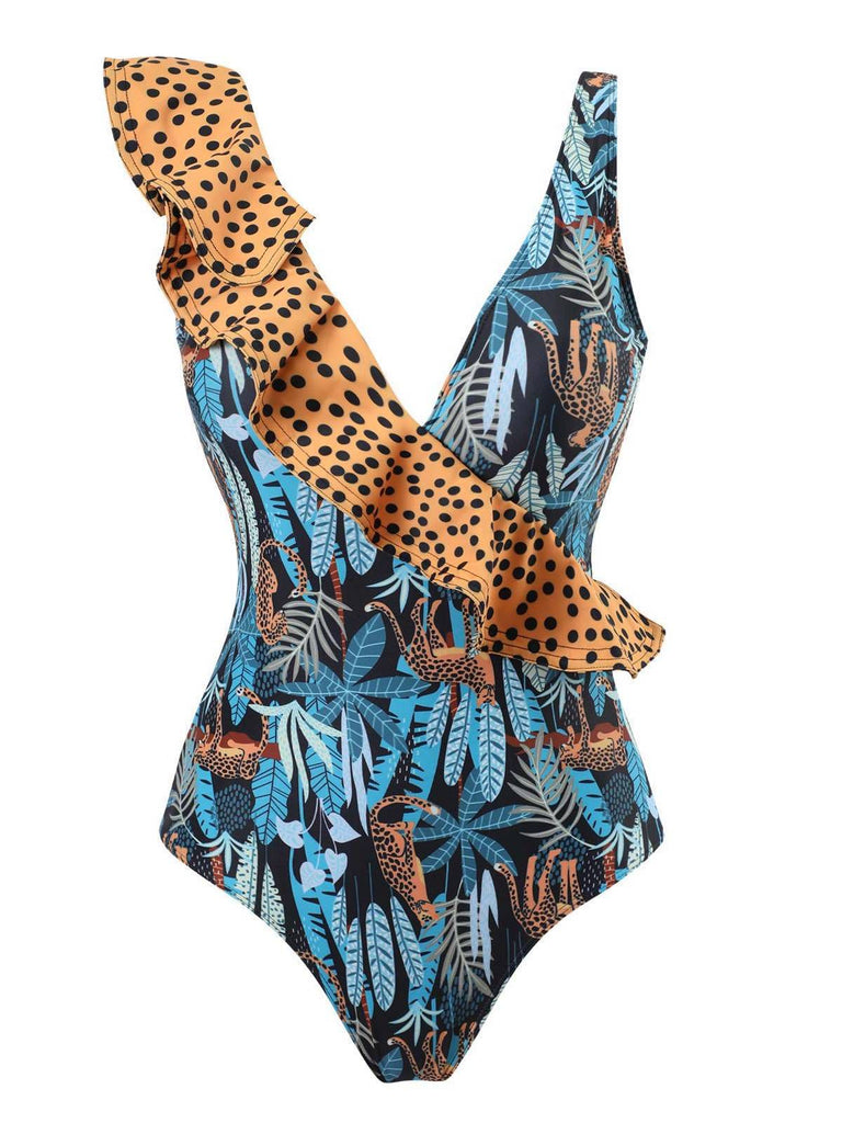 Leopard 1960s Ruffle Polka Dot Swimsuit & Cover-up
