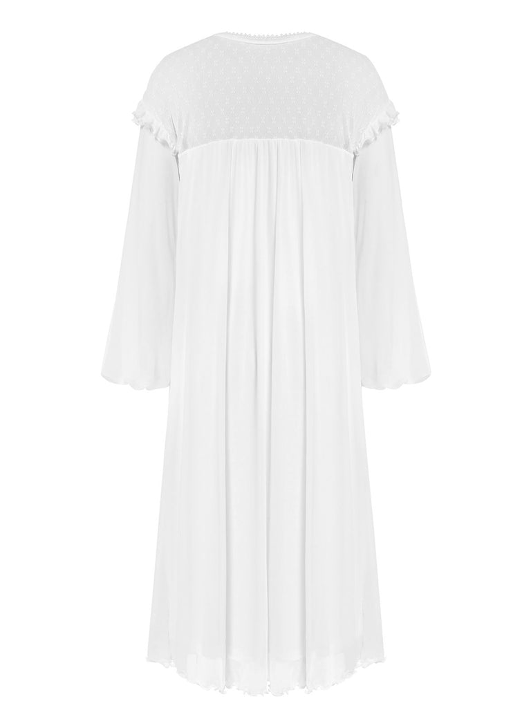 White 1960s Solid Lantern Sleeve Nightgown