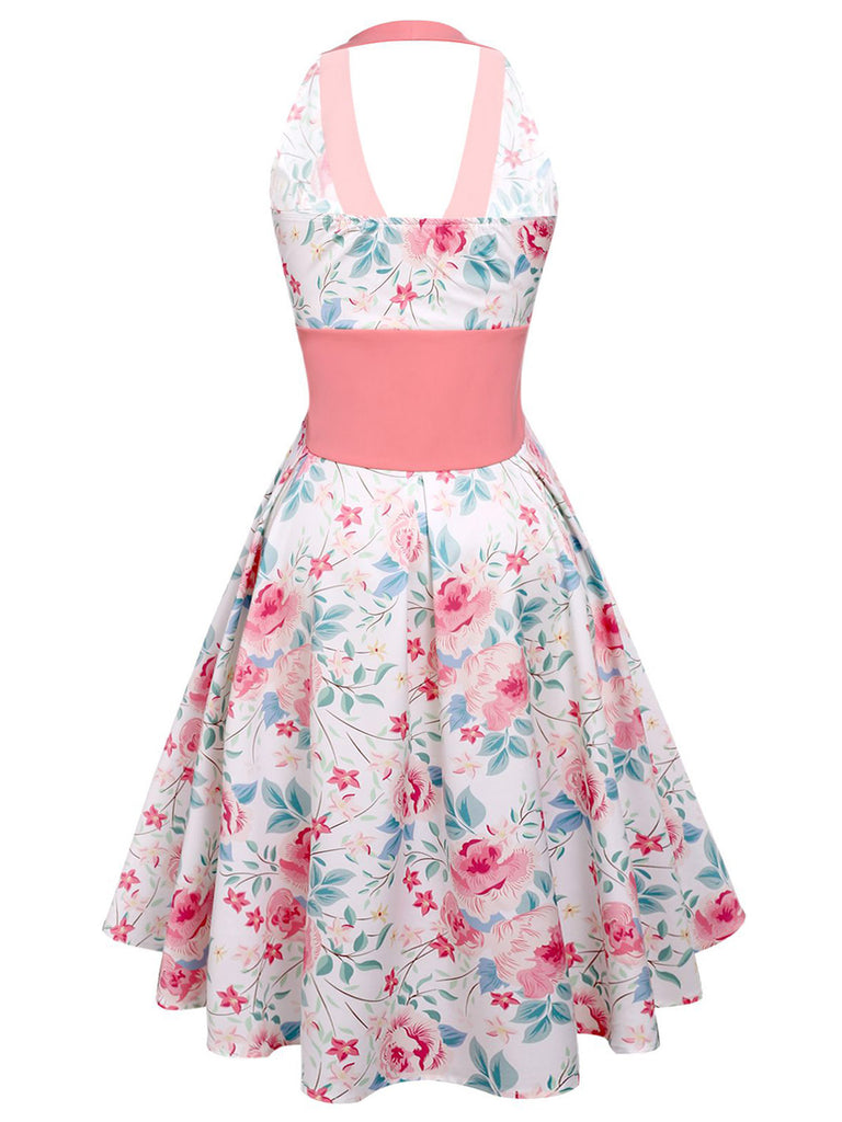 Pink 1950s Halter Floral Swing Dress