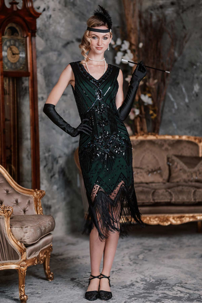 Dark Green 1920s Sequined Flapper Dress