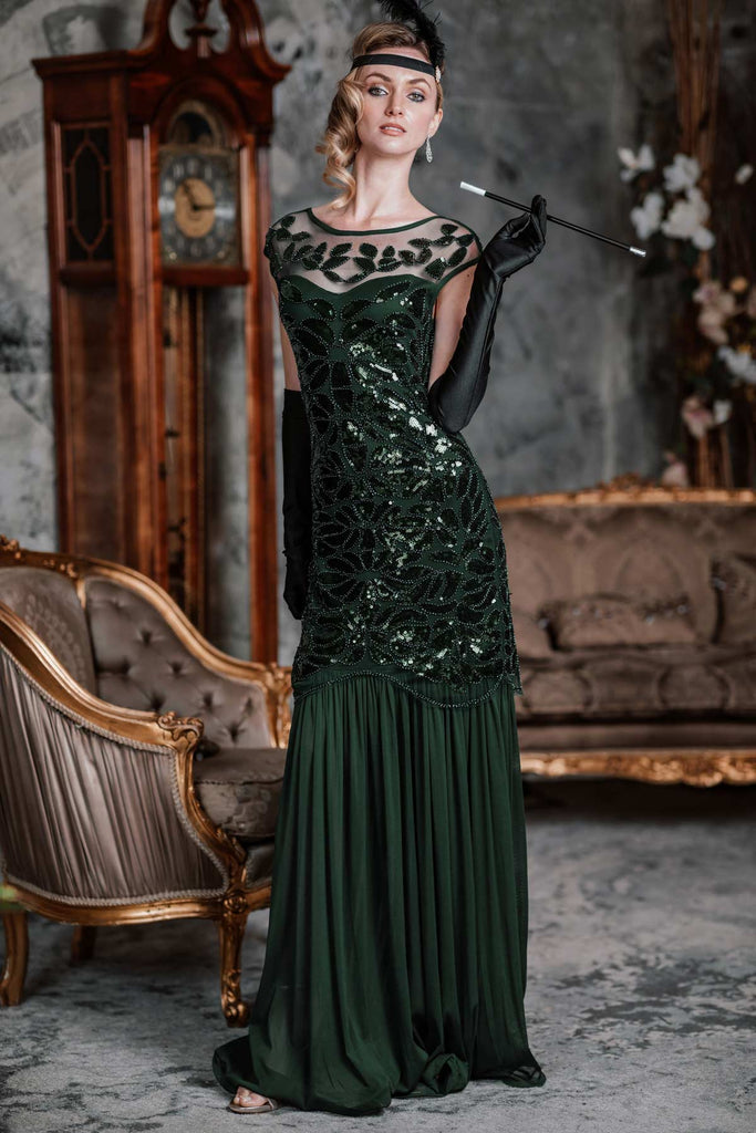 Green 1920s Sequin Maxi Flapper Dress