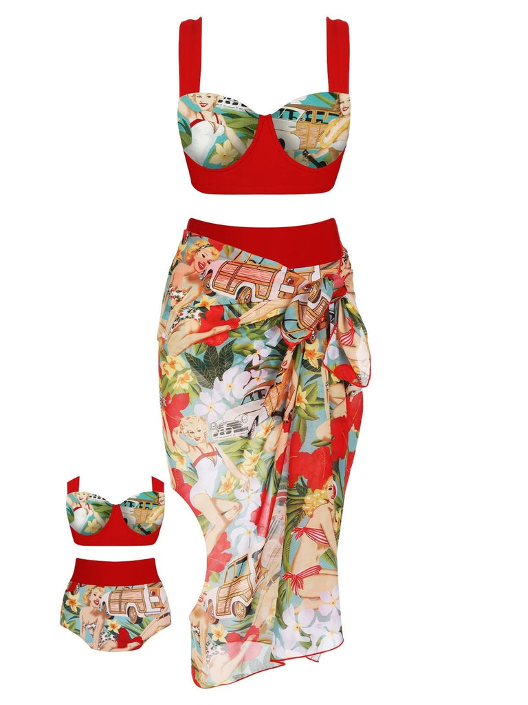 3PCS 1960s Red Retro Lady Bikini Set