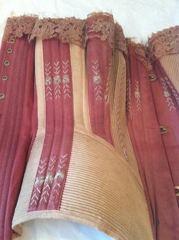 C1870-1879 MAROON AND MUSHROOM CORSET CARROW HOUSE COSTUME AND TEXTILE ARCHIVE NORWICH, UK