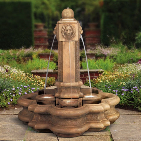 Classic Lion Pillar Cast Stone Outdoor Fountain