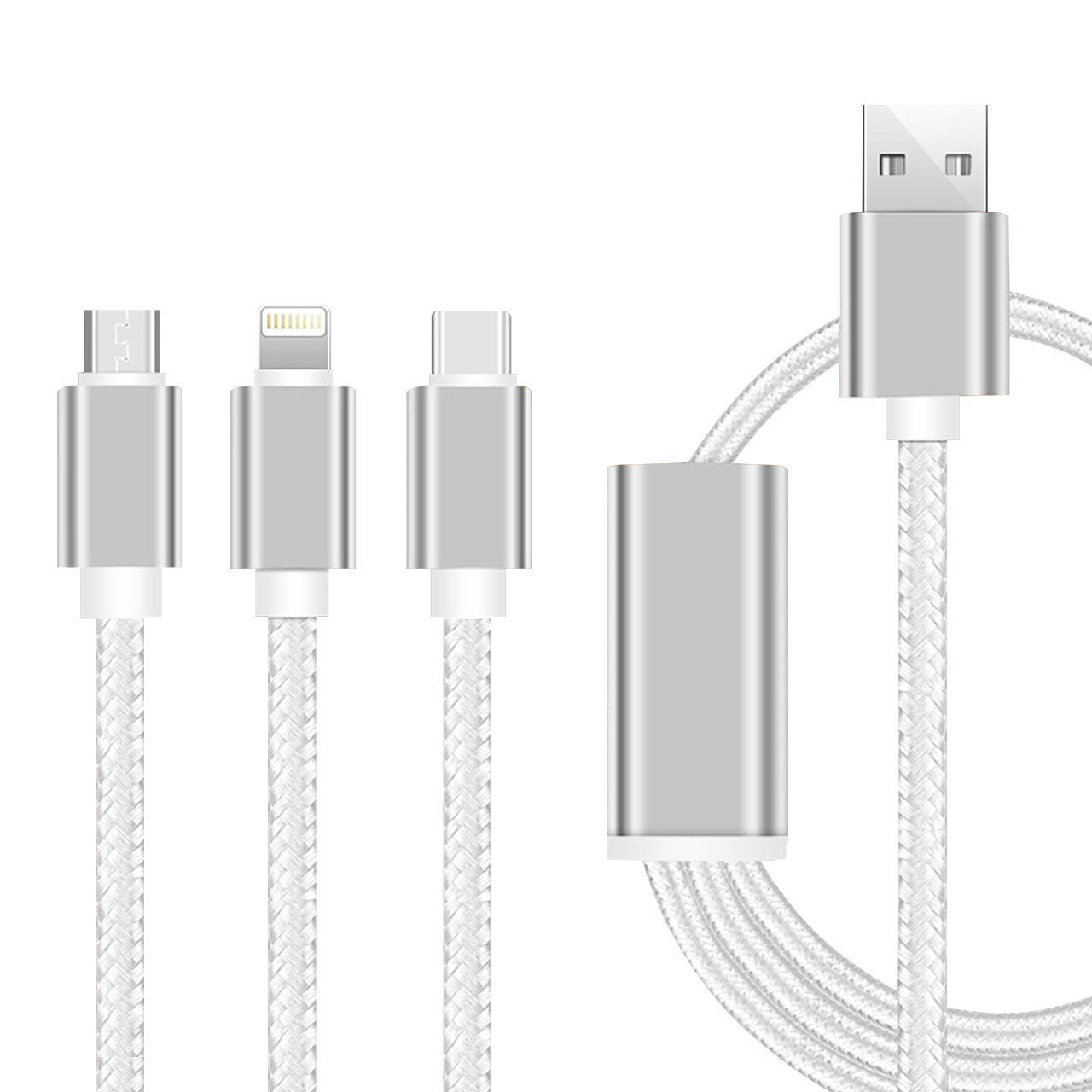 YourDeal 3 in 1 Nylon Braided USB Charging Cable with 8 Pin Lightning, USB Type C, Micro USB Charging Cable Connector Compatible with Xiaomi Mi, Apple, Samsung, Sony, Lenovo, Oppo, Vivo Smartphones Charge Cable