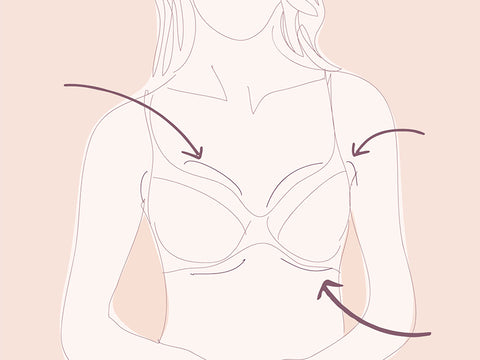 Sketch showing three places where bras often don't fit well