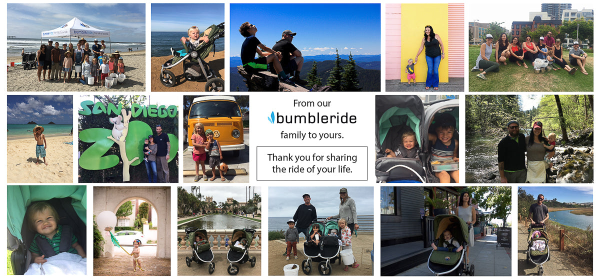 Picture of collage of bumbleride owner and staff photos outdoors with a Thank You message in center.