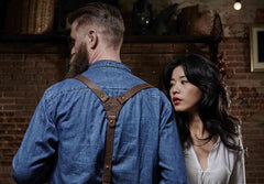 Woman and man wearing denim and Wiseguy Suspenders