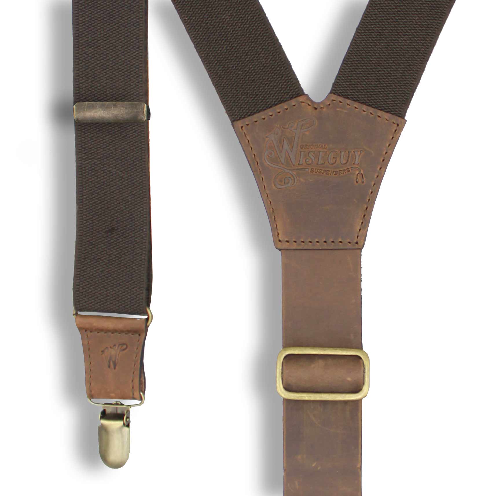 Sand white Wiseguy Flex 0.75 inch wide Camel Brown Leather Suspenders with adjustable Brown or sand white elastic Back Strap