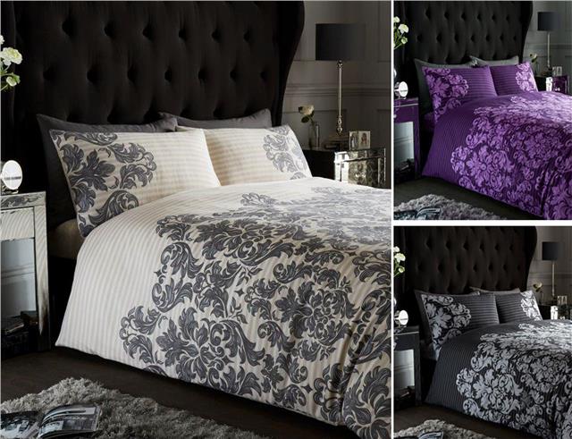 Duvet set empire stripe & damask print grey black quilt cover & pillow cases