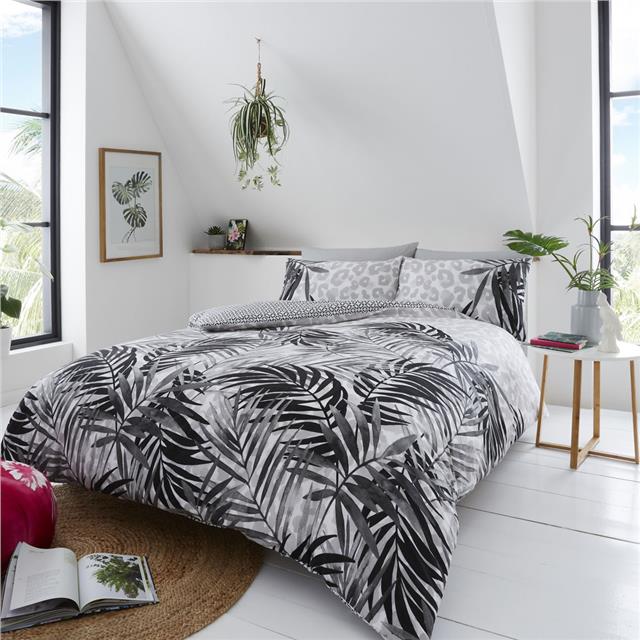 Grey Duvet Sets Tropical Palm Leaf Leopard Print Quilt Cover