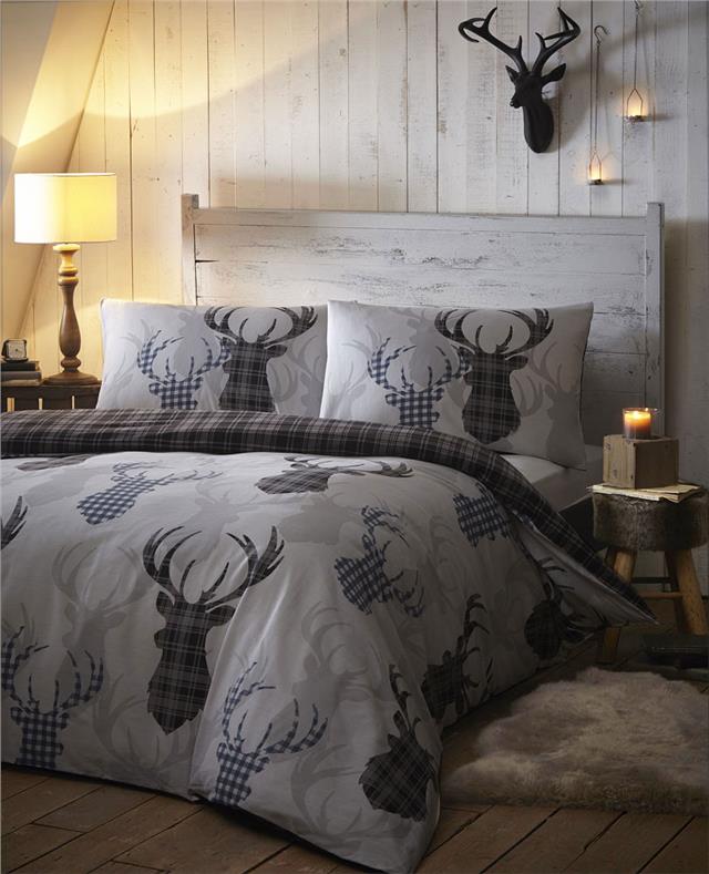 Stag Duvet Sets With Tartan Check Reverse Quilt Cover Grey Blue