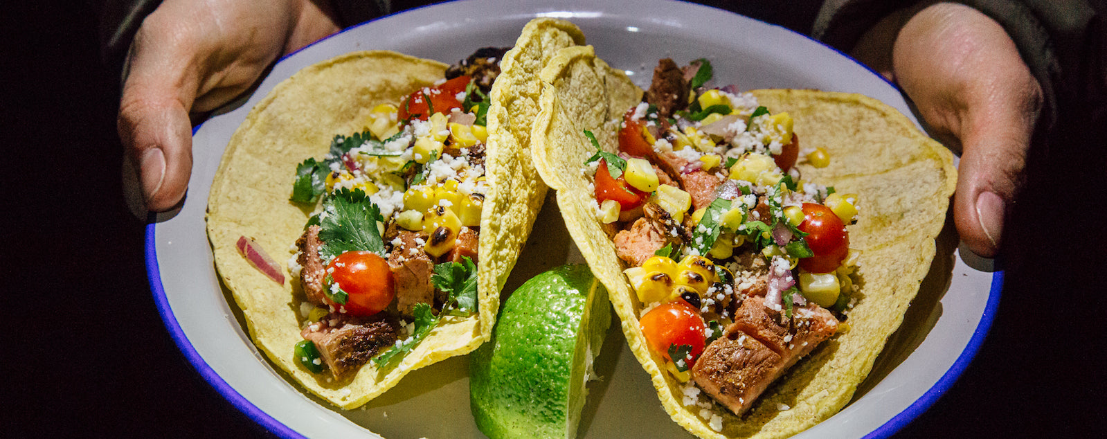 after dark steak tacos plated