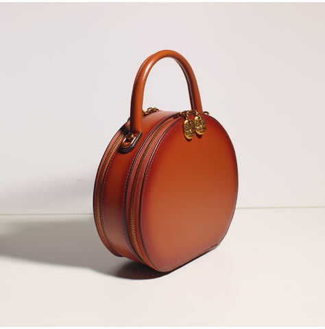 Brown Leather Round Circle Handbags Women's Leather Handbags Shoulder Crossbody Bags Purse Clutch