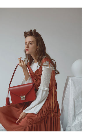 Brick Red Silk Princess Long Dress, White Chiffon Bell Sleeve Tops, Red Leather Handbag