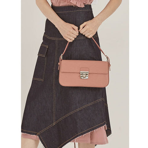 Irregular Shape Demin Skirt, Pink Cheffon Tops, Pink Leather Handbag
