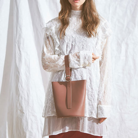 8. White Lace Long Shirt, Red Middle-skirt, Pink Leather Bucket Bag