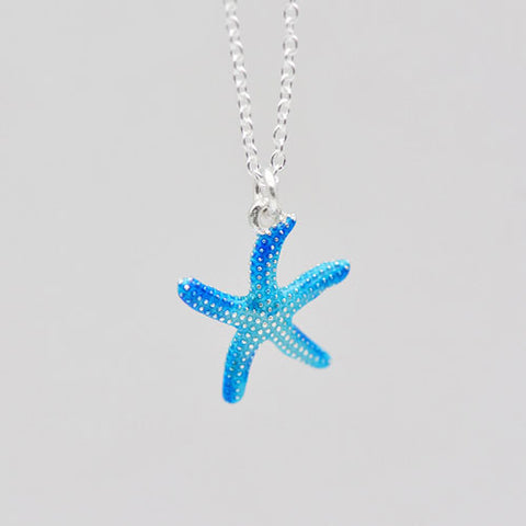 Sterling Silver Necklace Handmade Blue Starfish Pendant Charm Necklace Gift Jewelry Cute Accessories Women