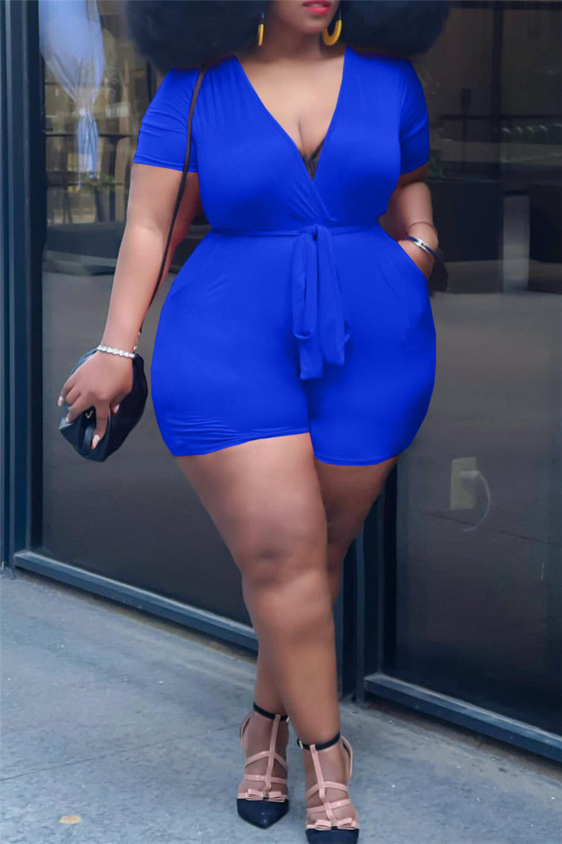 Plus Size XL-5XL V-Neck Bandage Waist Pocketed Romper