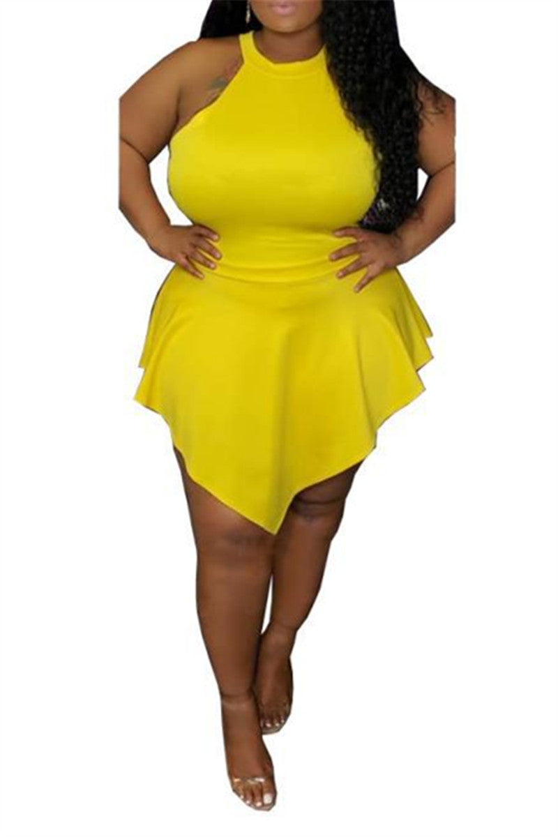 Plus Size L-4XL Solid Color Irregular Hem Romper