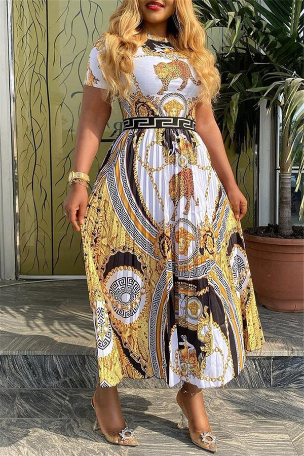 Casual Printed Pleated Maxi Dress
