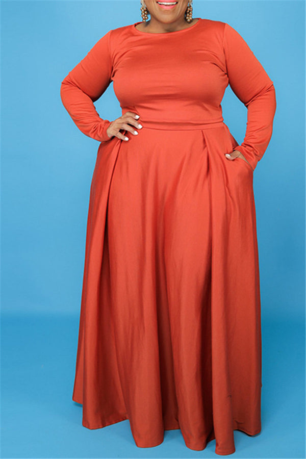 Plus Size XL-4XL Solid Color Ruched Waist Pocketed Maxi Dress