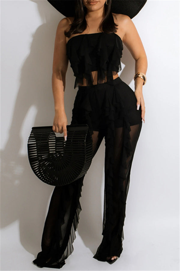 Mesh Ruffled Off Shoulder Tube Crop Top & Pants Set